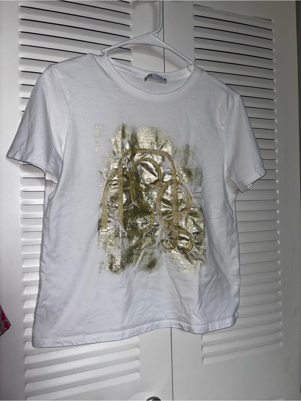 White T-Shirt with Gold Foil Abstract Graphic